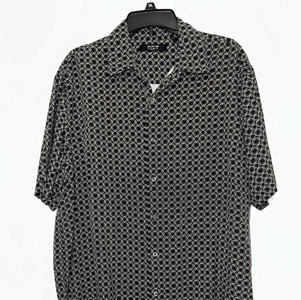 Axis LA Mens Silk XL Black White Geometric Pattern Short Sleeve Button Up Shirt